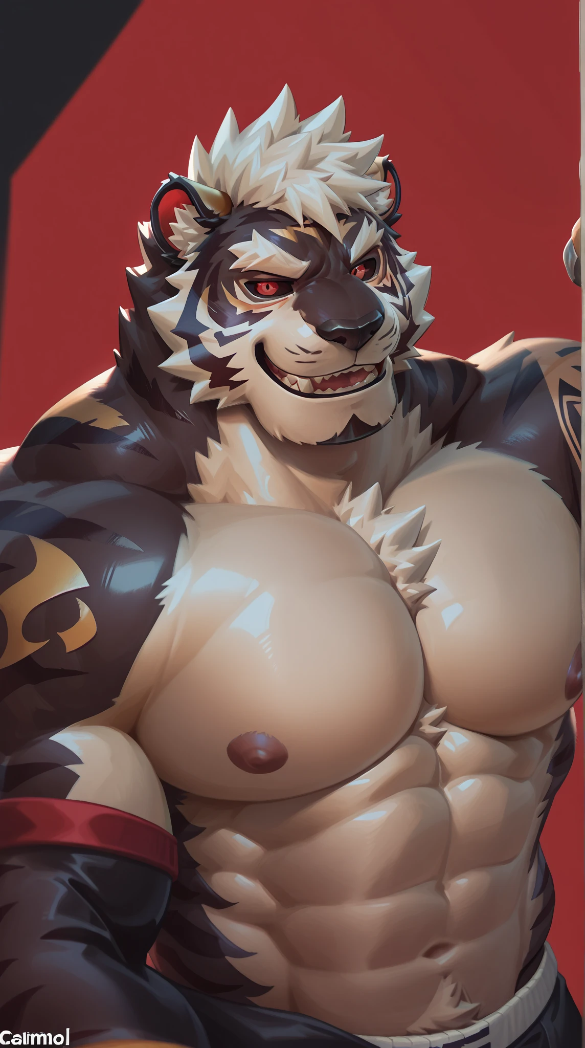 ((masterpiece)), ((high resolution)), ((Anime style)), ((best quality)), ((super fine illustration)), ((highly details)), ((8k)), ((detailed face)), ((detailed hands)), ((detailed body)), ((detailed eyes)), ((SFW:1.8)), ((solo)), ((uploaded on e621)), (by slugbox), (by bonifasko), (by cervina7), (by null-ghost), ((Arcanine)), ((character of pokemon)), ((orange body:1.2)), ((black chest:1.7)), ((black belly:1.3)), fluffy dog, ((female anthro)), ((anatomically correct)), ((pawpads:1.3)), (five fingers), ((tuft)), ((fluffy fur:1.3)), ((fluffy fur body:1.3)), ((detailed fluffy fur)), ((big yellow eyes)), ((shoot from front:1.6)), ((looking at viewer)), ((face focus)), ((close up portrait:1.8)), ((furry)), ((huge muscular female:1.3)), ((muscular figure)), ((massive and strong body)), ((vein:1.3)), ((veiny muscles:1.3)), ((huge breasts:1.8)), ((breasts squish:1.3)), ((breast lift up1.3)), ((nipple outline:1.6)), ((pussy outline:1.3)), ((big muscles:1.3)), ((muscular legs)), ((six pack abs:1.6)), (Oblique muscle), (serratus anterior muscle), ((thick thighs:1.3)), ((blush)), (long snout), (big tail), (canine teeth), (fangs), open mouth, ((breath visible)), ((sweaty:1.8)), ((many scars are covered in left arm:1.8)), ((many scratches are covered in the body:1.4)), ((a lot of claw marks are covered in the body:1.4)), ((scars on face)), ((detailed scars)), ((wearing dog tags:1.6)), ((standing)), ((in the seaside)), ((on the beach)), ((the sun)), ((a crowd of furry:1.3)), ((detailed background)), ((cinematic lighting)), ((gorgeous light and shadows)), ((highly detailed background)), ((tight bikini:1.6)), ((gold bikini:1.8)), ((straps:1.2)), ((big scar on left face:1.6)), ((closed left eye:1.4)), ((1 missing limb:1.8)), ((missing left arm:1.8)), ((Armless:1.8)), ((sitting)),