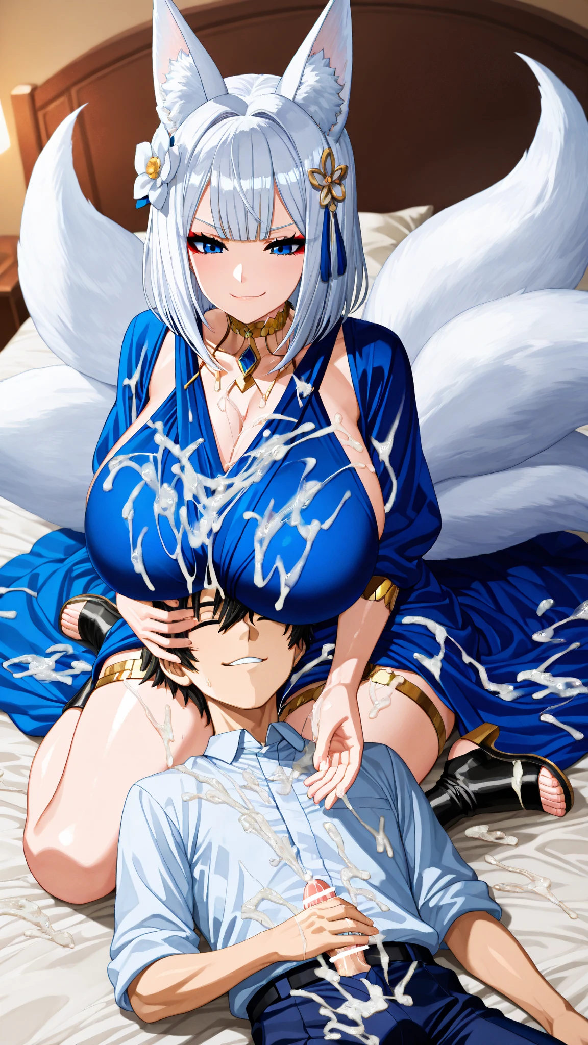 ((Highest quality、High resolution))、Portraiture、Beautiful woman、Perfect body、Beautiful and bountiful breasts、(tits、Nipples、Pussy、Love juice、No panties)、long blond、bangs、Blue and white、Embellished blue sexy dress、skirt、Sexually excited expression、(((Beautiful woman having sex with a group of men)))、Outdoor Scenery