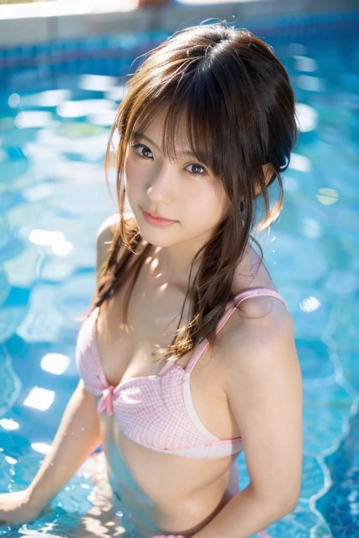Pink swimwear, Sitting, From below, 14years, (japanaese girl), hair scrunchie, (Low contrast:1.1), Smile, (masutepiece:1.1), (highlydetailed skin), (Extremely detailed visual quality:1.0), (超A high resolution:1.0) ,(photographrealistic:1.2), (ultra-detailliert:1.0), (8k RAW photo:1.1)