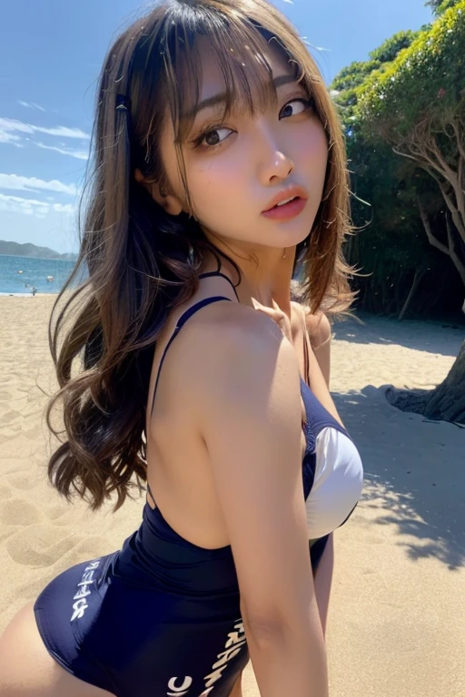 table top, (highest quality), 23 years old,Super detailed, finely, High resolution, (8K), ((Perfect rear view configuration)), natural color lip,(ponytail:1.3),(A girl is sitting on a rock with her legs spread),(barefoot on the sand:1.3),(colorful bikini),(full body:1.3),((buckshot:1.2)),((Rear view:1.2)),(Enjoying the sunset),((Pose with your arms raised above your head)),(Please look back and smile),((big breasts)),((big ass)),