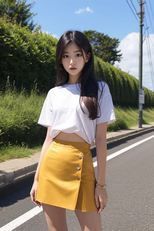 there is a woman that is looking out of a gate, young lovely Korean faces, Young and cute Asian face, young asian girl, A young Asian woman, beautiful Korean young women, wearing a baseball hat, portrait of a japanese teen, Young asian woman, Korean girl, wearing a cute hat, side portrait of cute girl, Chinese girl, Wearing a baseball cap。masterpaintings，Light makeup，Flaming red lips。ultrafine detailed，masterece-piece，Authentic texture，Cinematic lighting realism，perfect works，8K，Hi-Def，Delicate facial features。Wear a loose T-shirt on the upper body，The lower body is wearing a split pleated skirt，Thigh tie，Slender long legs，high  heels。Pear-shaped body。Rounded buttocks，Slender little man's waist，Perfect waist-hip ratio。
