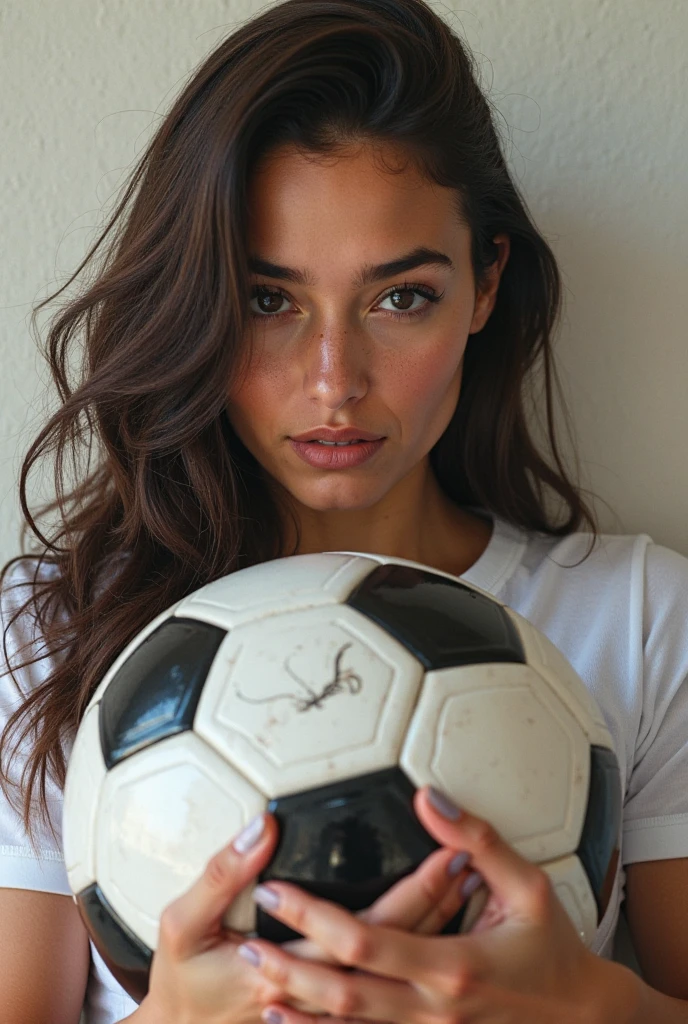une belle femme brune bresilienne qui joue au soccer ,She has a beautiful smile and flirts with the camera, in the light of sunrise, corps parfait, cheveux parfaits, poitrine parfaite, hair behind, uhd, retina, accurate, anatomically correct, textured skin, great detail, high details, High quality, prime, best quality, high resolution, 16K, 8K, hyper realistic, ((realistic lighting, best quality, 8K, head of&#39;artwork: 1.3))