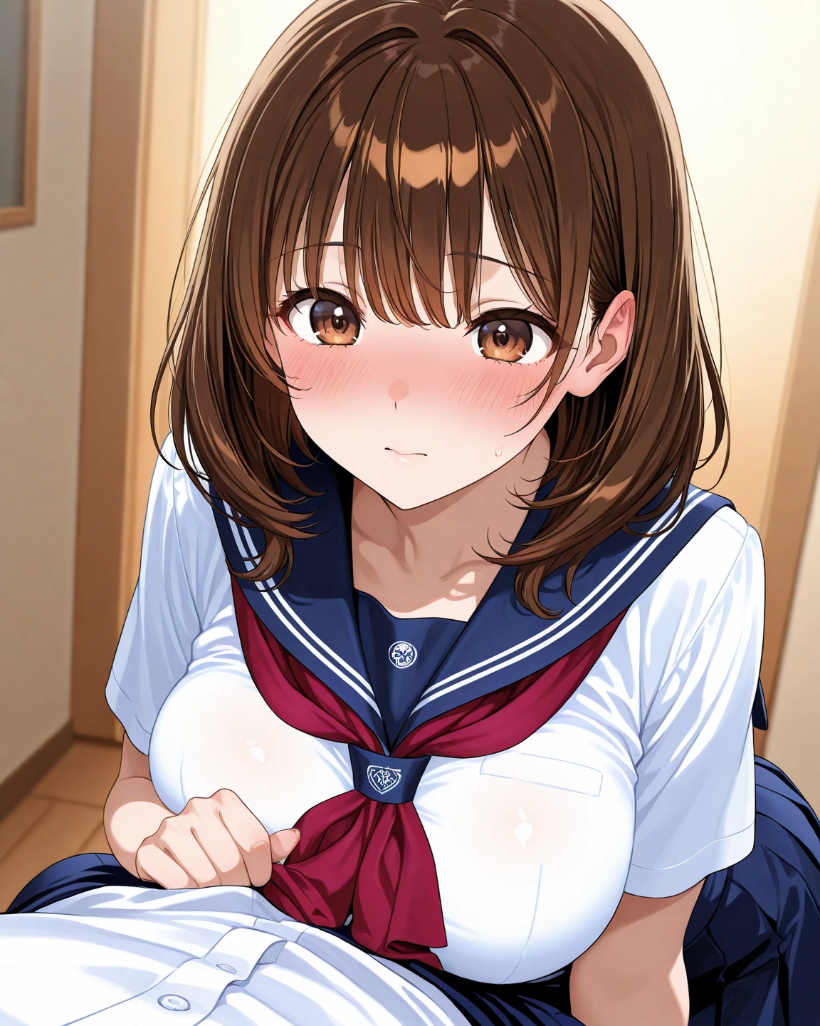 (((pixel perfect, detail perfect))), alone, 1 girl, Misaka Mikoto, tokiwadai , bow, looking at the viewer,, whole body、(Breast Exposure、Nipple exposure、medium breasts))、smile、Tokiwadai Junior High School Uniforms、Have sex with a man、nose blush、Cowgirl、sex