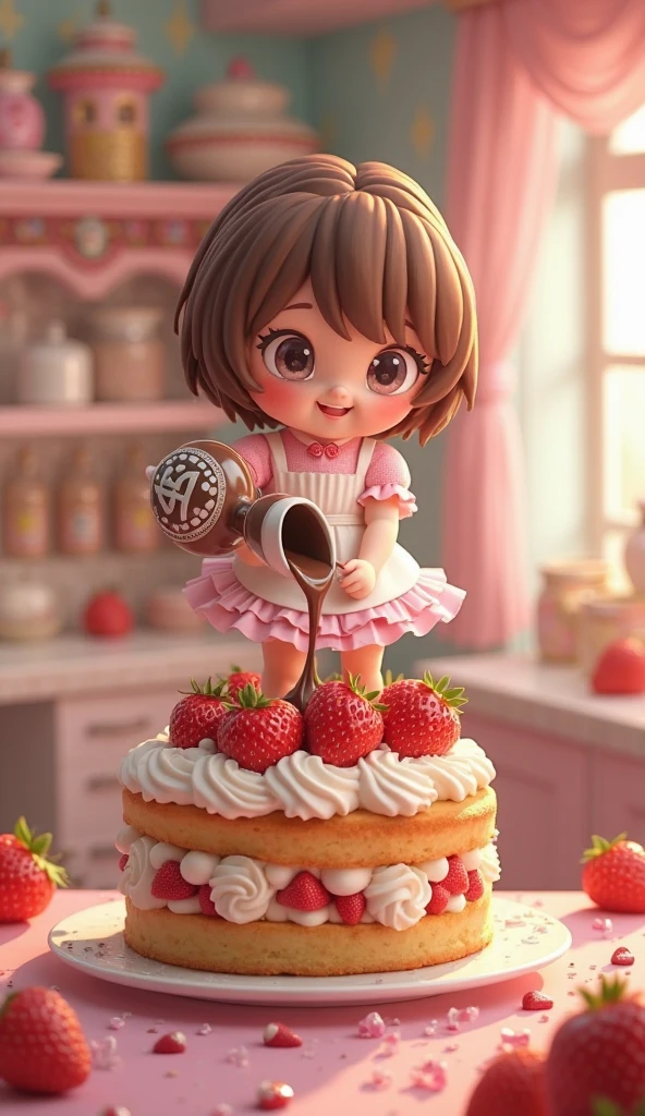 Best picture quality, detailed eyes, long eyelashes, a delicious looking parfait full of strawberries and chocolate in a tall glass on the table, a young 5 year old girl laughing and eating parfait, happy smile, best smile, very pretty girl, long chestnut hair, amazingly very large round shining eyes, hydrangeas blooming outside the window,