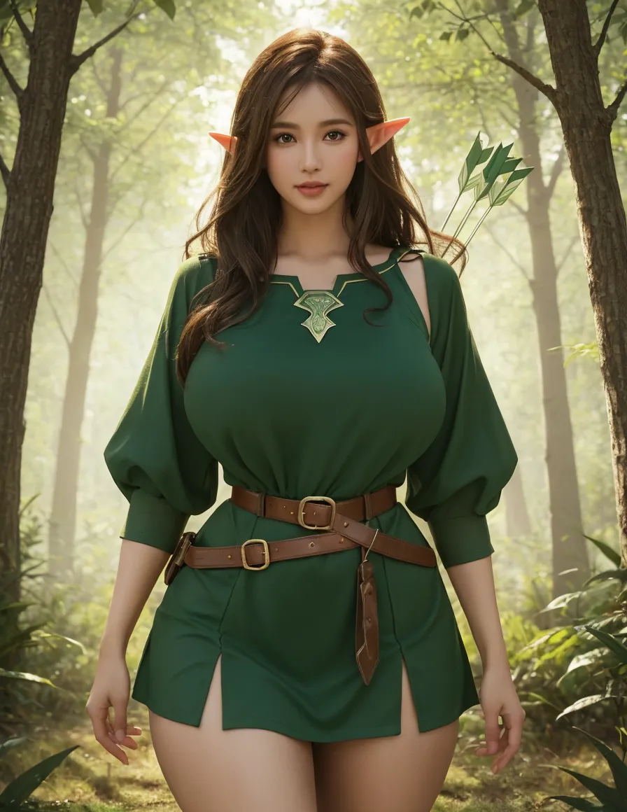 ((best qualityer)), ((work of art)), (detailded), high qualiy, 8K Ultra-HD, 1 A beautiful elf, Long silky light brown hair, elf ears, olhos amendoados, thin lips, Round face, sitting on a fallen tree trunk, wearing the clothes of an elf of the elven aristocracy, long robe, pure look, Perfect artwork, work of art, Character details, free and perfect scene ,clear lighting, detailed shadows
