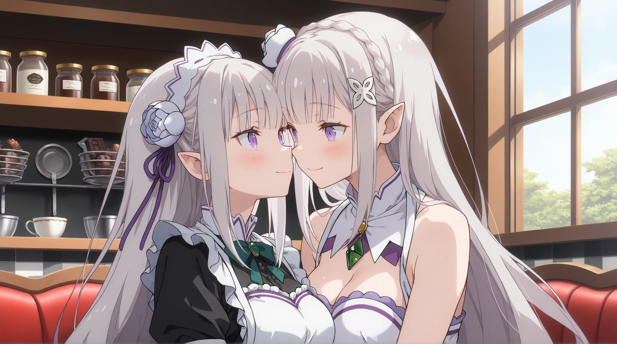 Luxury and high class aristocratic mansion,Royal atmosphere,lots of expensive furniture,A gentle light is shining in,long elf ears,fluffy hair,Twin-tailed,drills twintails,fluffy and voluminous hair,Silver, Light brown, pink and black,Her chest is wide open and you can see her cleavage.,Luxury maid outfits like royalty,Maid headdress,Luxurious earrings,Two maids are standing with a gentleman between them...,rub your chest against a gentleman's face,AHE Face,Slight red tide,embarrassing smile,SEX,ecstacy,