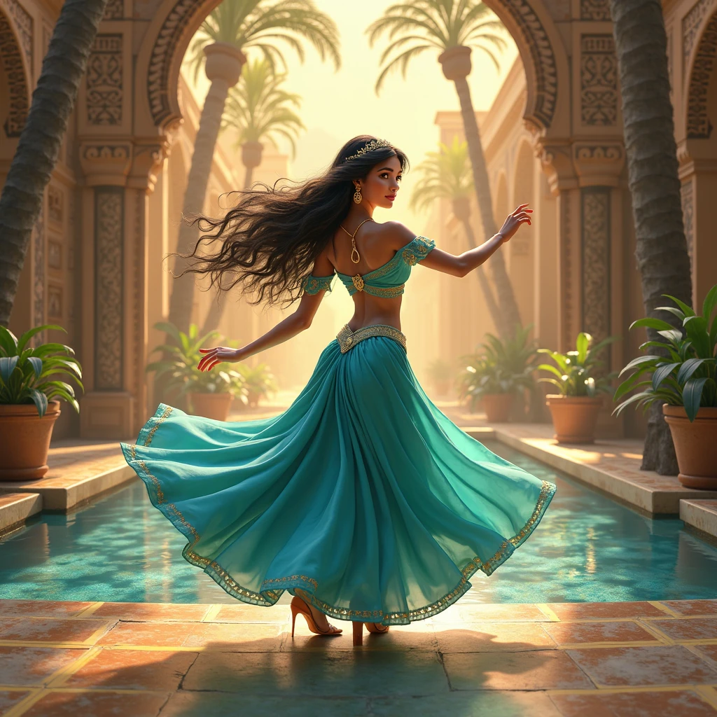 Stunning Princess Jasmine, totally naked, photo in 8k, in action, cinematic.