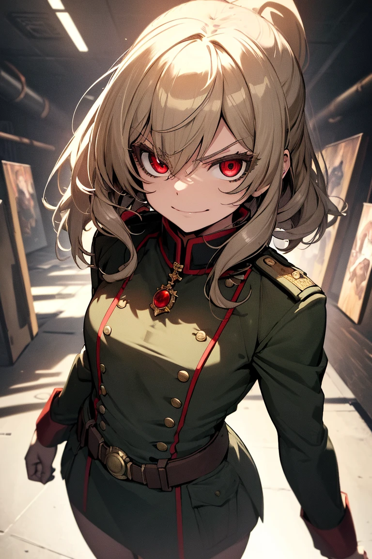 (masterpiece, best quality: 1.1), 1girl solo, tanya, 1girl, solo, petite, flat chest, small breasts, curvy, military, military uniform, , general hat, evil smile, wicked expression, anger, red eyes, neutral lighting