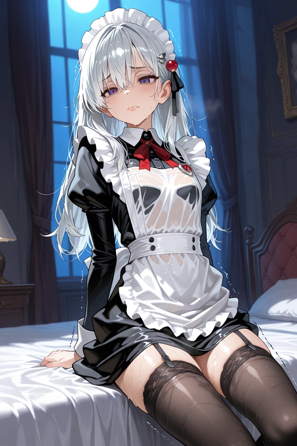 stockings, White silk, Lori, Red eyes, White hair，Lying on the bed in a maid costume