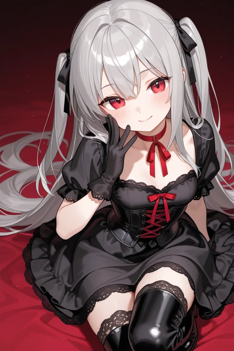 big breasts,Dressed in tattered maid outfits,Look at me tenderly,blood red eyes,Wear white knee-length socks,beautiful hair、 beautiful eyes、 beautiful skin、beautiful legs、beautiful arms、perfect fingers、 very cute,white hair, long hair,white cat ears, white cat tail,best quality,high resolution,top quality、 looking at the audience,sitting,kneeling&Place on the bed,Knees together,internal figure eight,alone,bow ribbon,Black
