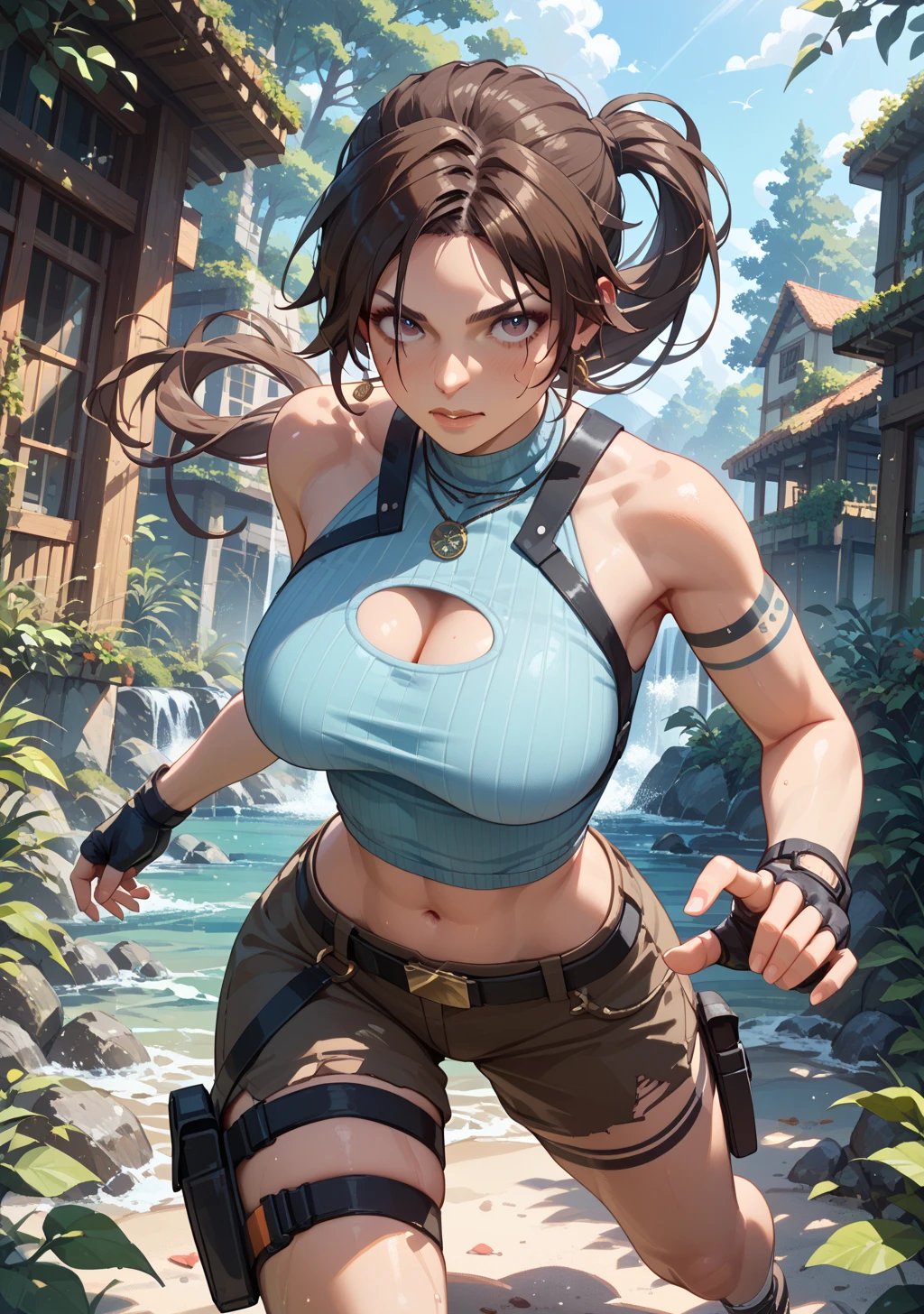 Image of Tomb Raider in the ruins,lara croft costume,(prepare a bow:1.2),(Thin type:1.8),(big breasts),(random hairstyle),(Highest image quality,(8k),ultra-realistic,best quality, high quality, high definition, high quality texture,high detail,beautiful detailed,fine detailed,extremely detailed cg,detailed texture,a realistic representation of the face,masterpiece,Sense of presence)