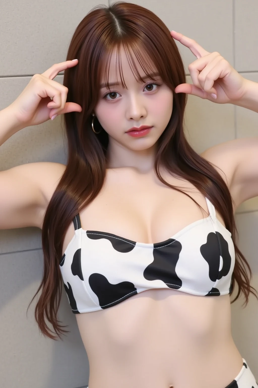 Masterpiece, 4K, bokeh, (Japanese idol:1.6), Beautiful high school girl, Blushed face,
(cow pattern bikini:1.4), (Bunny ears:1.4), (Bunny costume:1.6), looking at the viewer, cowboy shot, holding cats in both hands, (white background :1.4), closeup