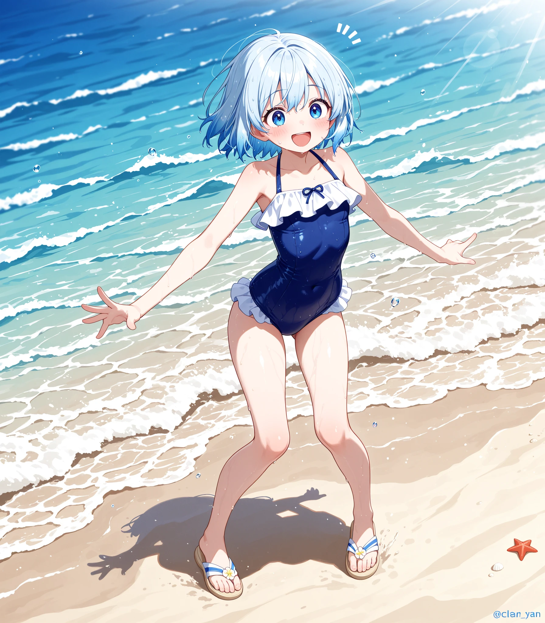 (best qualityer, masterpiece1.8), cute painting, a woman in a swimsuit in the water, wet swimsuit wear, is wearing a swimsuit wear, water armor, blue scales covering her chest, in water up to your shoulders, stands in a pool of water, swimsuit wear, scales covering her chest, wearing two - piece swimsuit wear, Nothing, with blue skin, deep blue skin, water demon, silver hair (hypdertailed)