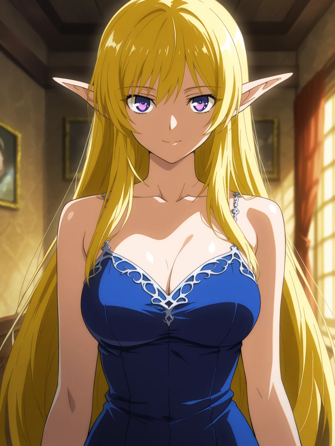 masterpiece, score_9, score_8_up, score_7_up, source_anime, best quality, extremely detailed, 1girl, milf, solo, shadowalpha, alpha, (huge breasts), ((((blonde hair), long hair, twintails, blue eyes, pointy ears))), parted lips, (((night gown))), ((naughty smile), closed mouth), ((balcony))