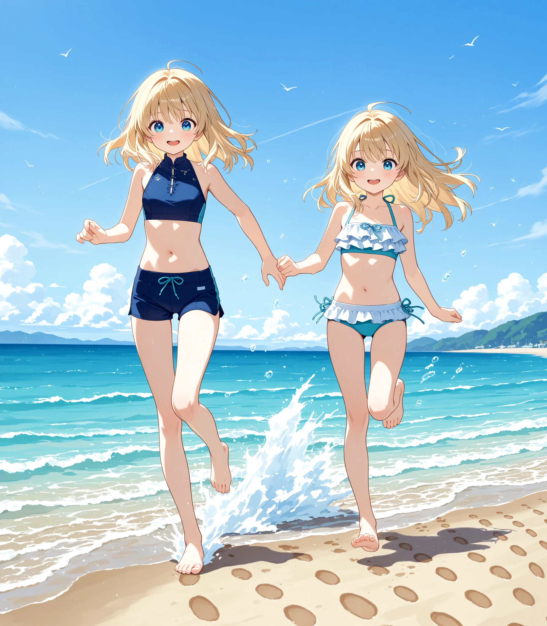 two beautiful girls playing beach volleyball on the sand, blonde hair, tanned skin, athletic body, smiling, dynamic pose, shiny summer day lighting, golden sand, (best quality,4k,8k,highres,masterpiece:1.2),vibrant colors,dynamic composition,dramatic lighting,volumetric fog,shallow depth of field