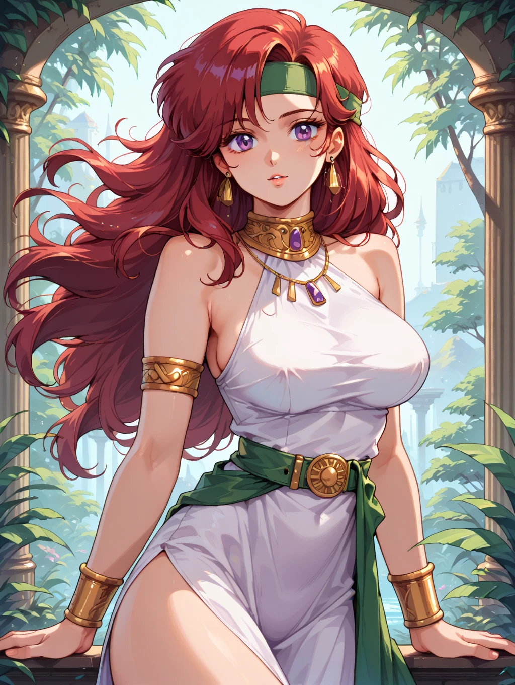 uzumaki_kushina,massive large_breasts, large thighs,large_ass, solo, green shirt,shirt up,navel, ponytail,tight dress, short skirts, masterpiece, best quality, detailed face, detailed eyes, highres, (masterpiece:1.4, best quality:1.2), (Highres), (Detailed Illustration), Ultra-Detailed, konohagakure, leg spread,looking in front, smiling playfully with a mischievous glint in the eyes