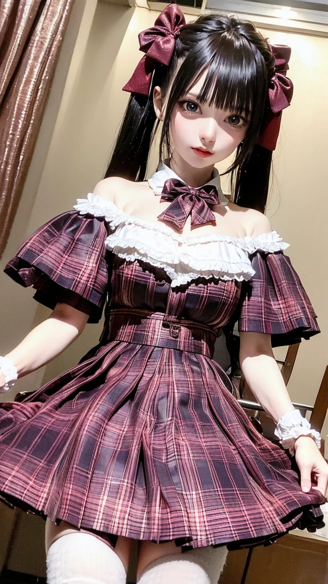 very cute and beautiful girl,(highly detailed beautiful face and eyes),(smile:1.2), black hair,looking at viewer,stylish pose,beautiful legs,cowboy shot, floral pattern brown lolita dress with detailed frills, altar,church,indoors, (best quality,masterpiece),absurdres,highres,ultra-detailed,extremely detailed,32k,8k resolution, intricate details,cinematic scene,detailed background,solo,dynamic angle,