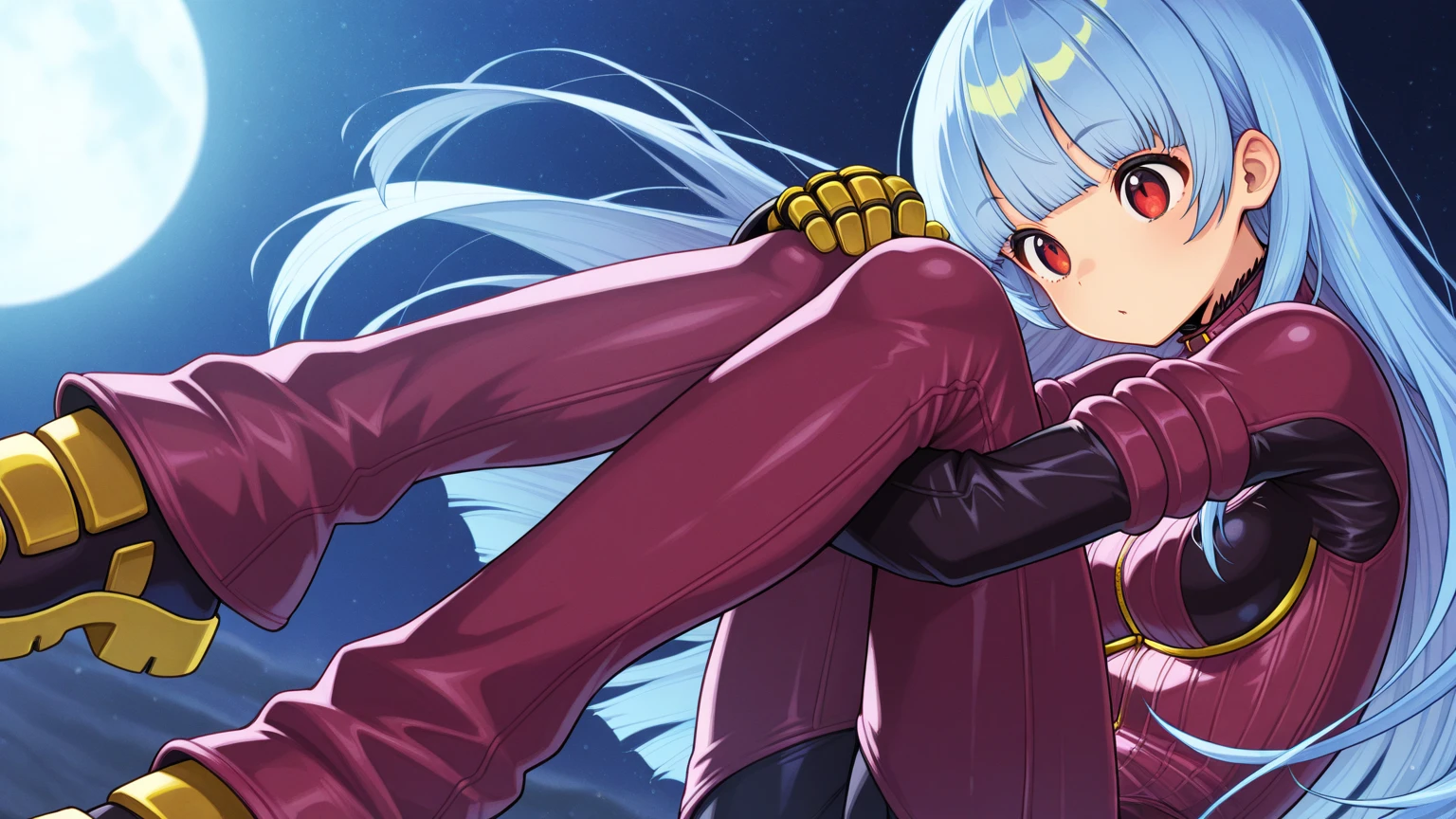 highres, masterpiece, best quality, high quality, ultra-detailed, 1girl, long hair, light blue hair, blue eyes, eyelid, blunt bangs, long sidelocks, kulams, bodysuit, gloves, zipper, standing, purple bodysuit, dynamic pose,
