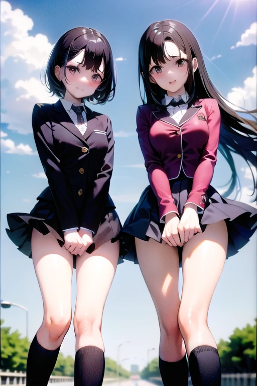 tits　Large Breasts　Big Breasts　panties　uniform　Pulling up a skirt to show underwear　Two Women　Side by side　Thighs　Positive　Inside the train