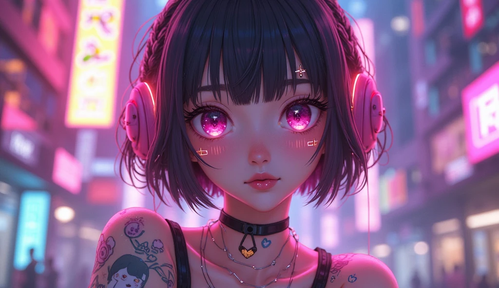 A pretty girl, 2, wearing beautiful fashionable casual clothes, short brown hair, pretty eyes, pretty lips, sparkling jewelries, half robot, night version , fantasy, vibrant colors, futuristic, some runes