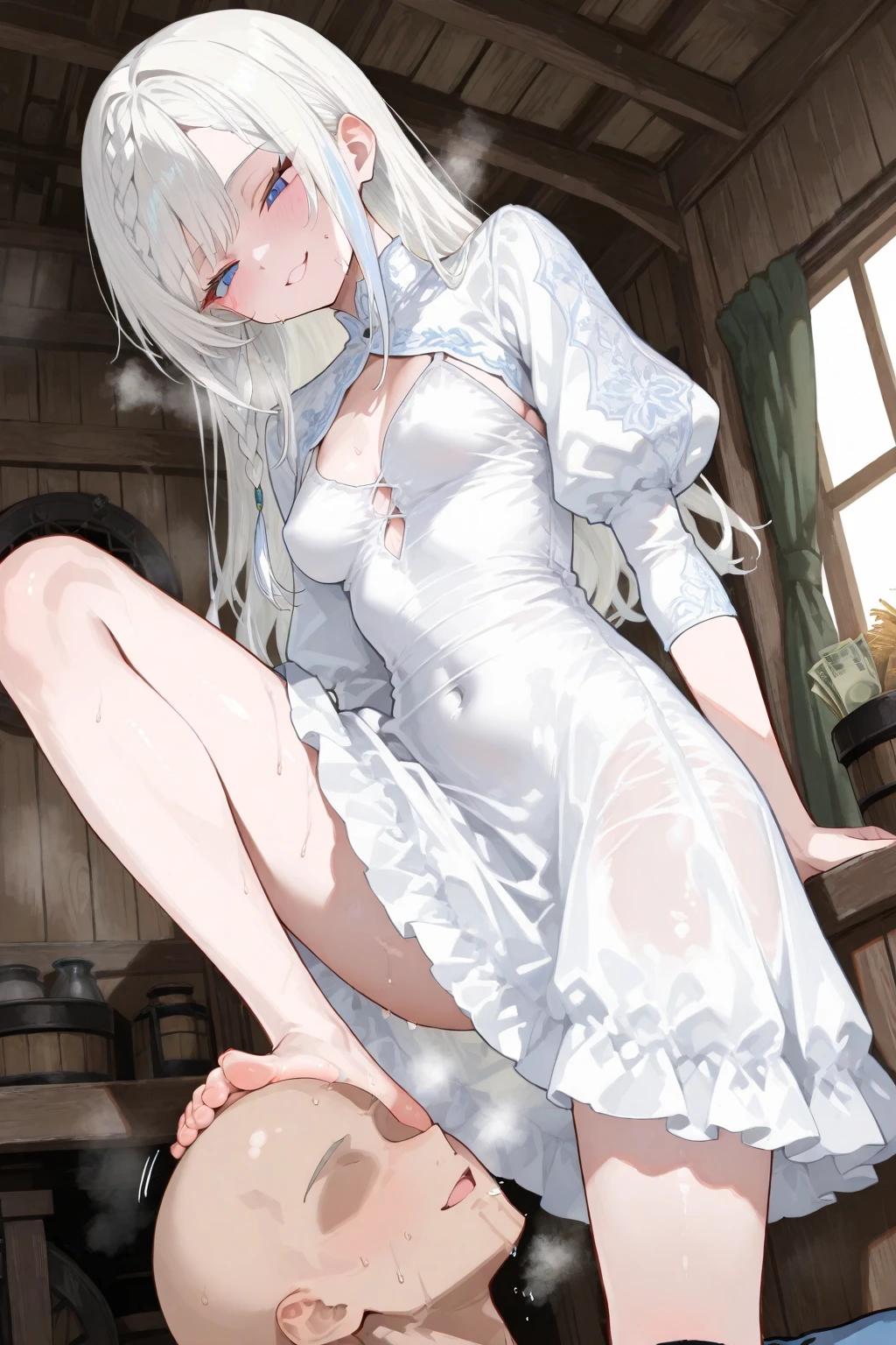 1girl, (solo:1.2), (cowboy shot:1.2), (Beautiful and detailed eyes description), (Beautiful and detailed face), Perfect female body, neat figure, slender waist, (young girl), (20 years old), long hair, platinum blonde hair, very big eyes, blue eyes, medium breasts, blush, shy, watery lips, nurse, (transparent nurse dress), nurse cap, unbuttoned, (white gloves:1.2), (white pantyhose), high heels, necklace, earrings, indoors, school nurse, hospital bed, window, white curtains, sunlight, squatting, (best quality), (ultra detailed), (masterpiece), (highres), (original), (extremely detailed CG unity 8K wallpaper), character design, game cg, detailed manga illustration,(NSFW 1.1), usquat, legs spread, showing inner thighs, ((squatting up skirt pose, Open legs))