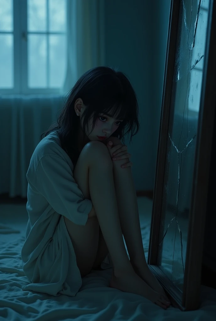 ((Best quality, 8k, Masterpiece :1.3)), (fidelity:1.4), photo, 1 girl, white shirt, torn jeans, white sneakers, dim, darkness, despair, pity, poor, movie, tears, teardrops, (torn clothes:1.5), (wet clothes:1.4), bare shoulders, real rain, rainy,wet hair