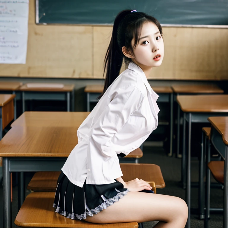 (1 girl), (sexy look:1.5), (flat chest:1.3), (very detailed目, very detailed顔), (超realistic, High resolution), (highest quality:1.4), (hyper quality), real skin texture, RAW photo, (realistic, Photoreal:1.37), very detailed, professional photography, (school uniform, pleated skirt:1.3), (look at me), (School, classroom), ((Face to face with me:1.4)), (from below:1.3), realistic private parts, lace panties, Japanese high school girl、超highest quality、masterpiece、超High resolution、written boundary depth、(Photoreal:1.4)、(award winning photos、信じられないほどのmasterpiece:1.3) 、RAW photography、golden ratio、Highly detailed CG Unity 8k wallpaper、detailed and complex、original、High resolution、RAW photo、(perfect body shape)、detailed and complex、Digital single-lens reflex camera、soft writing、(background person blur:1.1)、Sigma 85mmF/1.4、50mm Lenac lighting、nffsw、hyper real、color grade, Rear view,from below:1.3), (((Holding the hem of her skirt, she opens her legs and shows off her real pussy.:1.4))), (vagina)、spread legs、Lying down、On your back、penis、cum in pussy、(focus on girl)
