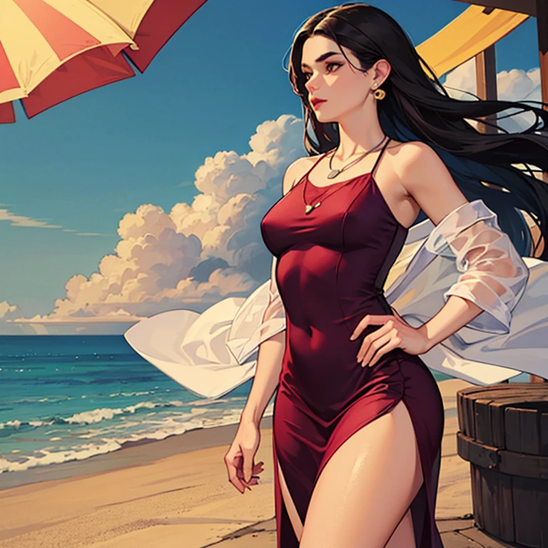 SimpleNegativeV3, high_aesthetic, art by Lazorchef, ((Masterpiece, best quality, perfect lighting, amazing shading)), standing, full body, perfect anatomy, field of depth, extremely beautiful, mature female, clothed, hourglass_figure, BoaHancockV2, red dress, black hair, long hair, jewelry, cleavage, (((skinny))), blushing, beach background, detailed background