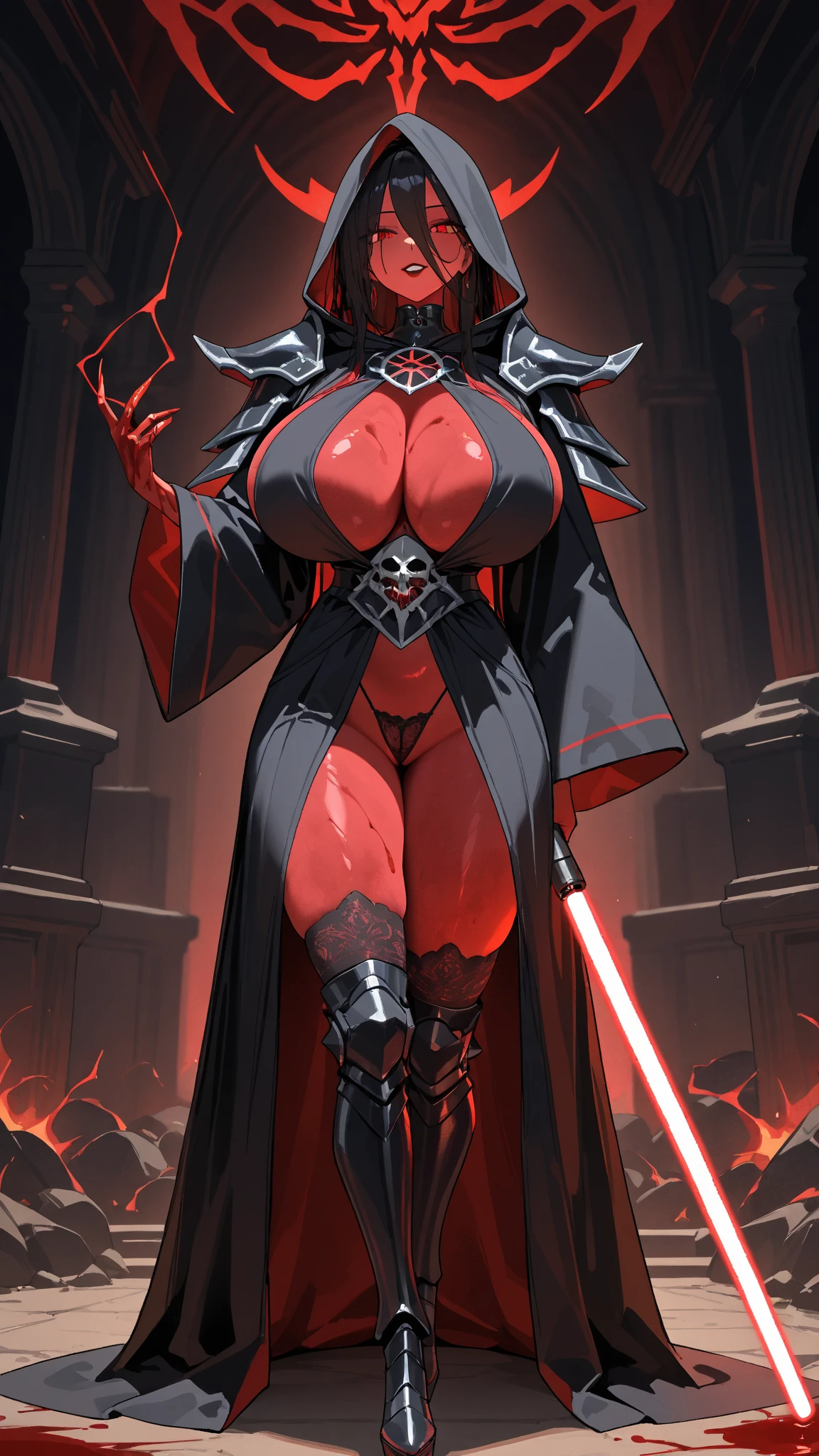 armor, busty, gigantic boobs, ((red skin), twi'lek), dual red lightsabers, evil space knight, space ninja, (wearing black robes, black stealth armor, breastplate, tunic, tabard, cowl, cloak, body glove, straps, buckles, skirts, long sleeves, thigh high boots, fantasy, ((armor))), ((busty), slender body, thin, slim sexy body, slim waist, long legs, toned legs, ((gigantic breasts))), Imperial starship, Star Wars,