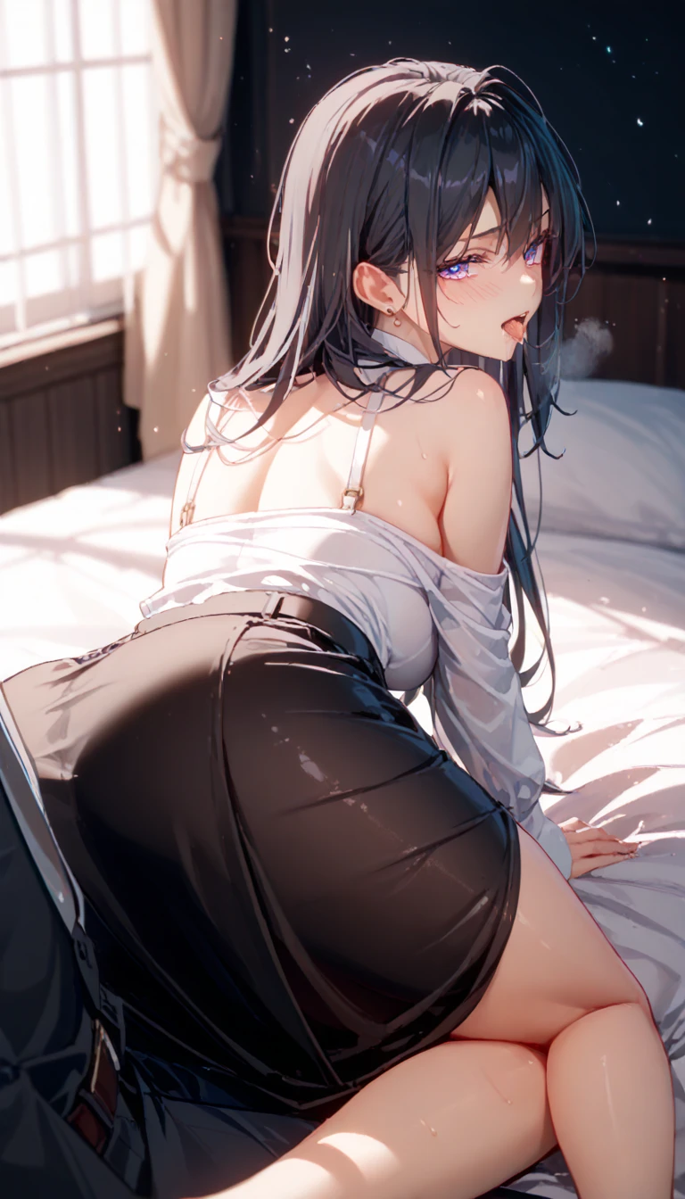 8k, highres, ultra detailed, (masterpiece:1.4),, 1girl , ass , bed , beret , black panties , blue hair , braid , cameltoe , clothes lift , french braid , hat , huge ass , indoors , large breasts , long hair , pillow , skirt , skirt lift , solo , thighhighs , underwear , white headwear , wide hips