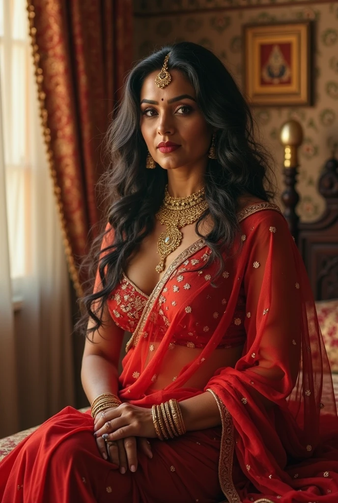 Schedule ))Hollywood style concept art, hair ornaments, necklace, navel, Indian Translucent Red Saree Dress, air, fine details, Foam construction made of chiffon and lace,Red, black, gold, Mature indian woman looking at the viewer,(( while lying down)), Flirtatious pose ,((seductive)), big breasts, deep and attractive cleavage, curvacious, Night Colors,Sun Splashes,Details in Arabic fairy tale style,((bedroom)),Aesthetically pleasing,Beautiful,Realistic,Professional photos,High Resolution,high detail,Hyper-realistic portrait,UHD32K, majestic figure, medieval style, thigh high, medium shot, attracive hourglass figure, extemely beautiful, fair complexion, no jewellery, uncropped, 35mm