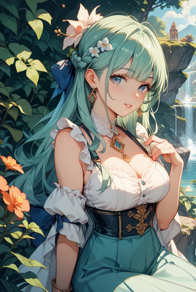 anime girl,((blue hair)),beautiful face,smiling, fit body, big wet breast,wearing receptionist dress, ,illustration,detailed textures,ultra-detailed(realistic),portrait style,vivid colors,soft lighting. blue hair human girl , small girl, one girl, blue wedding dress, face on camera, tight shirt, show large chest, dark isekai, shy girl, pitiful face, face forward to camera, bent pose, asking pose, pink cheeks, half body, body on big chain, smile, blue eyes, no nails, pink blushes, lying on grass, very big breast, cleavage, wet breast, leg_up, lot of iron chains, anime girl leans forward, looking at viewer, slave collar necklace seductive anime girl, 8k octae render photo, cushart krenz key art feminine, 8k high quality detailed art, a sexy wedding dress,anime girl laying on the ground with green hair and green eyes, anime girl, seductive anime girl, attractive anime girl, beautiful alluring anime woman, top rated on pixiv, beautiful anime girl, beautiful alluring anime teen, anime goddess, detailed anime artwork, trending on artstation pixiv, sexy girl with green eyes, extremely detailed artgerm, guweiz