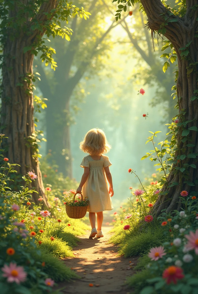 magical garden in full bloom with the old wooden gate slightly open. bird sings from a branch, Bee hovers near flowers, and Snail crawls along a path. Rabbit nibbles on weeds, Owl watches from a tree, and frog sits by the pond. Lily, a (a child girl), stands at the gate, holding a watering can, captivated by the vibrant garden. FOCUS ON THE ANIMALS