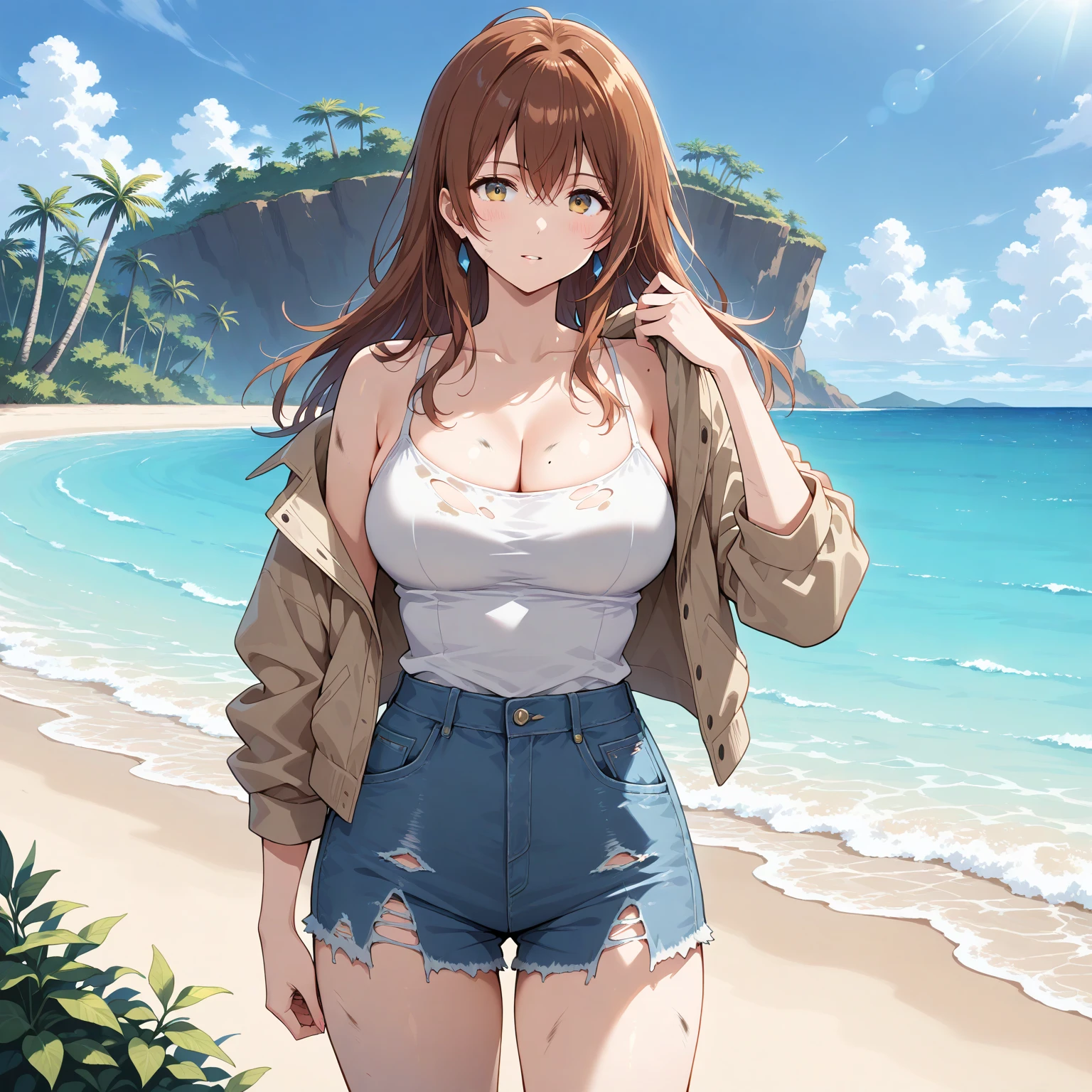 Warm sunshine,(((Ocean))),(((Woman standing on sandy beach:1.3)))、Accentuate your breasts、See-through white tight sweater dress、Off-the-shoulder tight sweater dress、(Reddish brown wet shiny hair)、(Floral braided headband、Half Up、Floral,),(Space Knitting、Voluminous fishtail braid、Twisted pan、)、(The bangs are see-through)、hairpin、hair ornaments、Blushing、Pointed red mouth、Big Breasts、Perfect body curves、Beautiful clavicle、Wet Hair、Wet Face、Wet body、Wet Skin、Wet costume、Detailed clothing features、Detailed hair features、Detailed facial features、Looking into the camera、Cowboy Shot,(Dynamic and sexy pose) )、Cinema Light Aster Piece、highest quality、Ultra-high resolution output images、Write Boundary Depth、Intricate details、Add depth to your subject with contrast between light and shadow、)、Digital Illustration、Single-lens reflex camera、(Realistic:1.3)、(8K quality、Anatomically correct facial structure、)、(Picture Mode Ultra HD、)