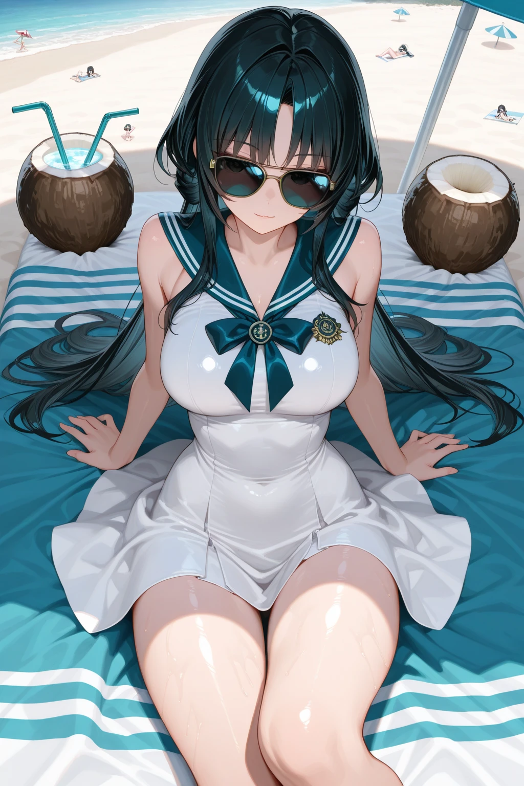 komi shouko,Fleshy thighs，White open uniform，Simetall，Chest open，Full muscles，Round gluteus maximus，soaking wet，Tall，Ocean park，Simetall，Comic cover style，Comic cover title