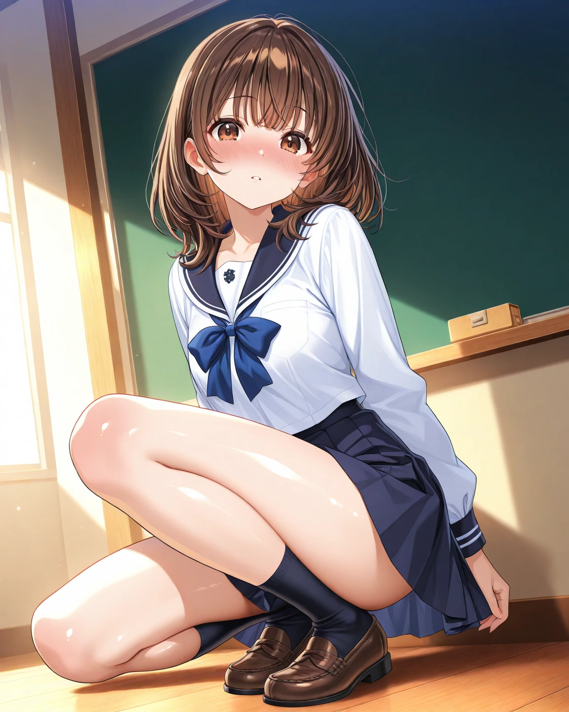 Highest quality, High resolution, masterpiece, (Beautiful Eyes), (Fine grain), Detailed face, kumiko oumae, Brown eyes, Brown Hair, short hair, Wavy Hair, smile, blush, skirt, shirt, Long sleeve, , pleated skirt, neckerchief, brown skirt, whiteいセーラーカラー, brown shirt, Kitauji High, red neckerchief, indoor, classroom, Chair, machine, (Panties丸見え:1.5), (Wide pelvis:1.5), (white_Panties:1.5), (Plump thighs), (Stepping on the boy&#39;s face:1.5), nsfw