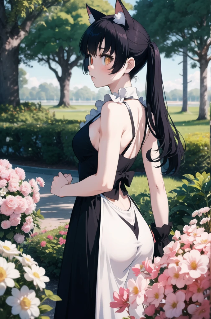 (masterpiece, best quality, highly detailed, high resolution), 1girl, <lora:loveiswar:1>, black school uniform, school dress, shinomiya kaguya, red eyes, black hair, hair ribbon, blush, shy, arms behind back, cleavage, (small breasts, slim body, wide hips), cinematic lighting, in the park, sakura, sakura leaves, sunlight