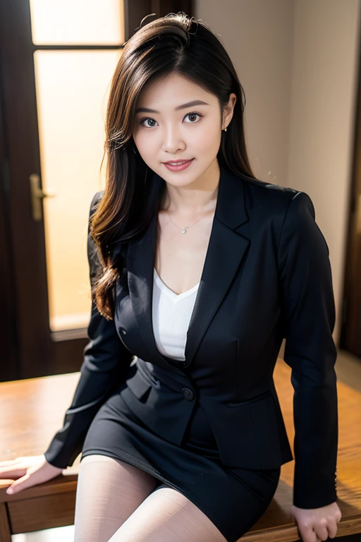Highest resolution, 4K, Masterpiece: 1.3), A Japanese milf, photo of one lady, Sexy: 1.1, fine eyes, Slender figure, Realistic teeth, double eyelids, smile, full body, best quality, detailed, beauty, at the office, wear ladies business suits