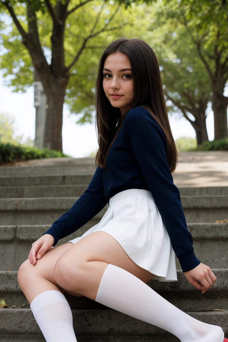 A pretty young woman photo, solo, 12 years old, masterpiece, best quality, depth of field, bokeh, ultra realistic, photorealistic, RAW photography, extremely high resolution, amazingly high detailed eyes and face, adorable, ray tracing, spreaded legs towards camera, wears white tights, while seated, shows tits, camel toe