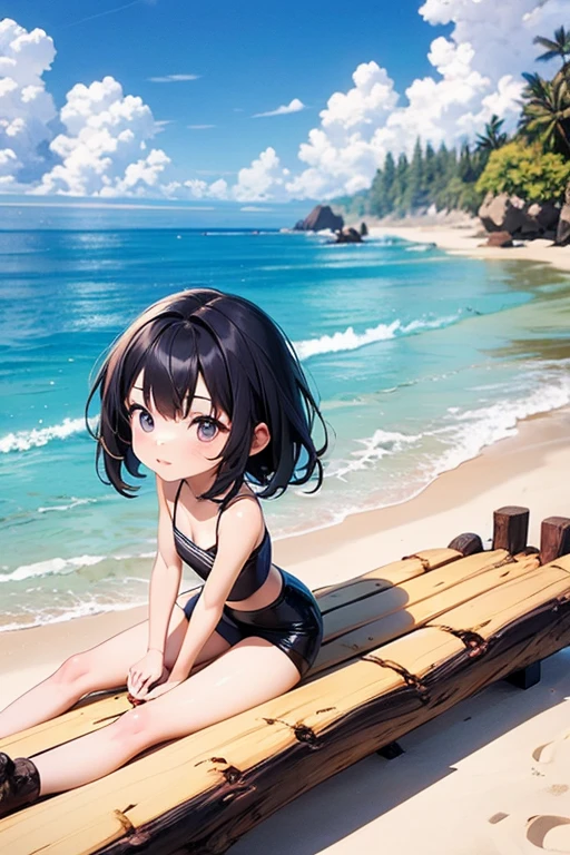 miyu edelfelt、Detailed Description、high resolution、One Girl、Slender、Black Hair、Medium Hair、(blush)、smile、bikini、Beach、Leaning forward、Looking up、belly button