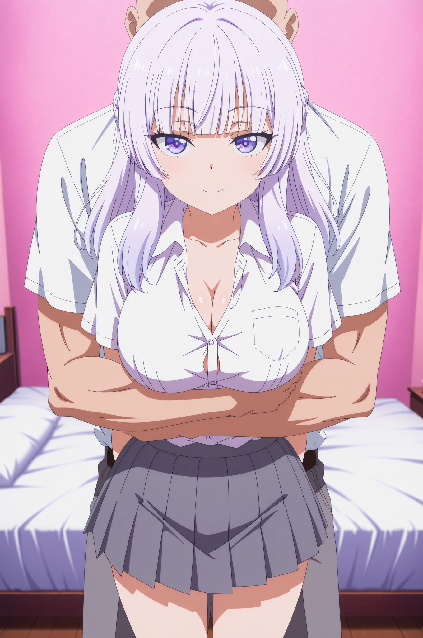 (pov cowgirl : 1.3), (naked), luxury bedroom background, rossweisse, (1 girl), anime cels style, best quality, high resolution, 1girl, (huge breasts:1.2), beautiful face, grey hair, aqua eyes, long hair, rossweisse hair, hair ribbon, cowboy shot, blush, embarassed, looking at viewer