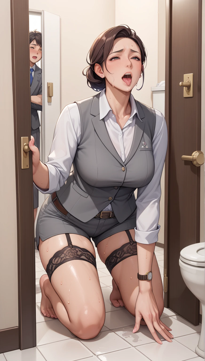 masterpiece,best quality, ultra high res,(beautiful woman:1.2) 4k, (beautiful Busty breasts:1),(happy:1.2),(enjoy:1.2), cute, beautiful,(dark hair:1), (short low ponytail:1.2), medium hair,a sexy mole around the mouth,wet lip, (simple plain suit:1.5),(plain:1.8),(wearing round neck white shirt:1.2), Business suit, upper body shot, Office,