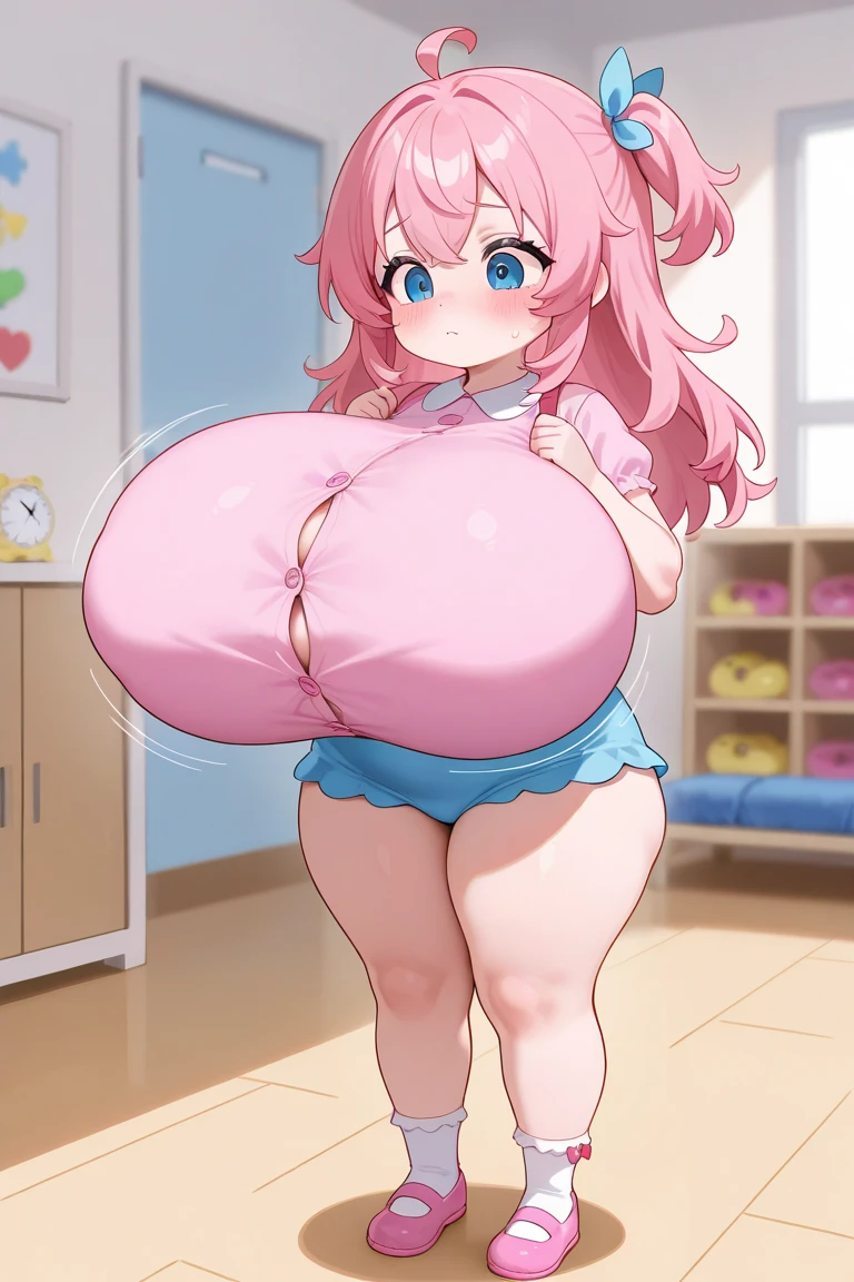 akariwatanabe, akari watanabe, long hair, blue eyes, pink hair, hair bun, double bun, cone hair bun,
BREAK skirt, shirt, bow, jewelry, pleated skirt, earrings, blue skirt, blue shirt,
BREAK looking at viewer, full body,
BREAK indoors, classroom,
BREAK (masterpiece:1.2), best quality, high resolution, unity 8k wallpaper, (illustration:0.8), (beautiful detailed eyes:1.6), extremely detailed face, perfect lighting, extremely detailed CG, (perfect hands, perfect anatomy), (large breasts:1.6), (large hips:1.6)