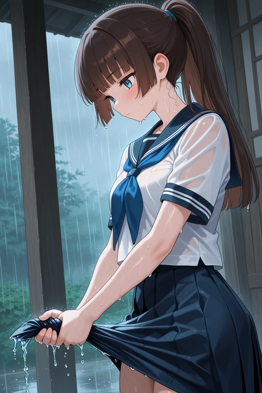 (((masterpiece, Highest quality, High resolution, 超High resolution, Pixel perfect, Written boundary depth, 4K, About RTTX10.0))), Beautiful Anime Women, Beautiful art style, Anime characters, ((Smooth texture, Realistic texture, Anime CG Style)), Exact finger count、Exact number of legs、(Exact number of arms:1.0, Exact number of hands:1.0), (Perfect hands, Perfect Anatomy), Cinematic, Realistic, Highly detailed CG, Daytime lighting, Perfect lighting, Best Shadow, The best natural light, whole body, Perfect body, (Slender body:1.2), whole body, ((bangs, Dark brown hair, Bobcut)), ((A woman is kneeling and giving a blowjob, Sucking on a penis growing out of the wall:1.7)), ((Beautiful eyelashes)), ((Detailed face, Blushing:1.2)), (Beautiful and large breasts:0.9), (Amazingly beautiful girl), (School classroom:1.3), (Fashionable white shirt, Sailor collar, Navy blue sailor suit, Knee-high socks, Navy pleated mini skirt:1.3), (Open your mouth wide:1.5), (セクシーでcuteパンティ, Shiny satin side-tie light blue panties, Light blue panties with a plain center and lace on the sides:1.3), ((close your eyes:1)), ((cute, Sighing expression)), Breathe with your shoulders, sexual pleasure expression, Holding in pee、Patience is the limit、On the brink of climax, (Perfect Anatomy, Perfect number of arms, Perfect hands)、(cum on face, cumin mouth:1.7), Look up, A &#39;Phew&#39; sound, Surprised expression, Angle from above right, (My face is covered in sticky white liquid,　There is a lot of sticky  in the mouth:1.7)