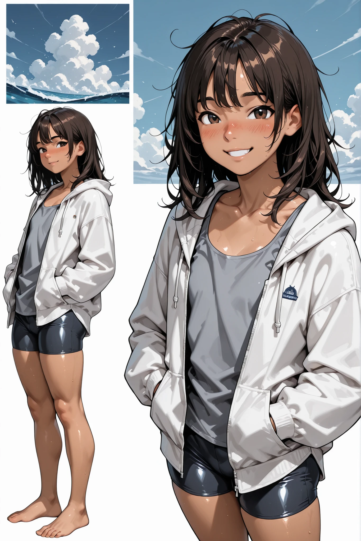 1 Boy,((like a girl)),Super Detailed,absolute resolution,(dynamic angles),(tanned skin:0.3),portrait,(((pinup))),close-up,from side,looking at viewer,standing,(gray tight tank top),(untucked shirt),navy blue bike shorts,(white open hoodie),hands in pockets,(barefoot),detailed and beautiful eyes,dark brown eyes,(Bulbous Nose:0.3),Japanese Boy,black shiny hair,(healthy body),(Short Height),((medium layered hair, collarbone length hair)),(messy hair:0.9),,(wet hair:0.5),(Flowing Sweat:0.5),,(blush:0.6),(nose blush:0.8),Directing a smiling face, Blue sea and clouds drifting across the expansive sky