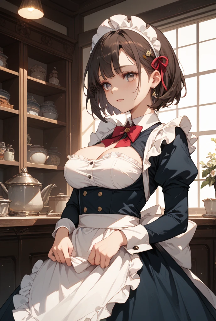 (check_9,check_8_up,check_7_up,),1 girl,One,maid,maid headdress,I look at the viewer,apron,Brown hair,in room,black hair, two big breasts, depth of field,