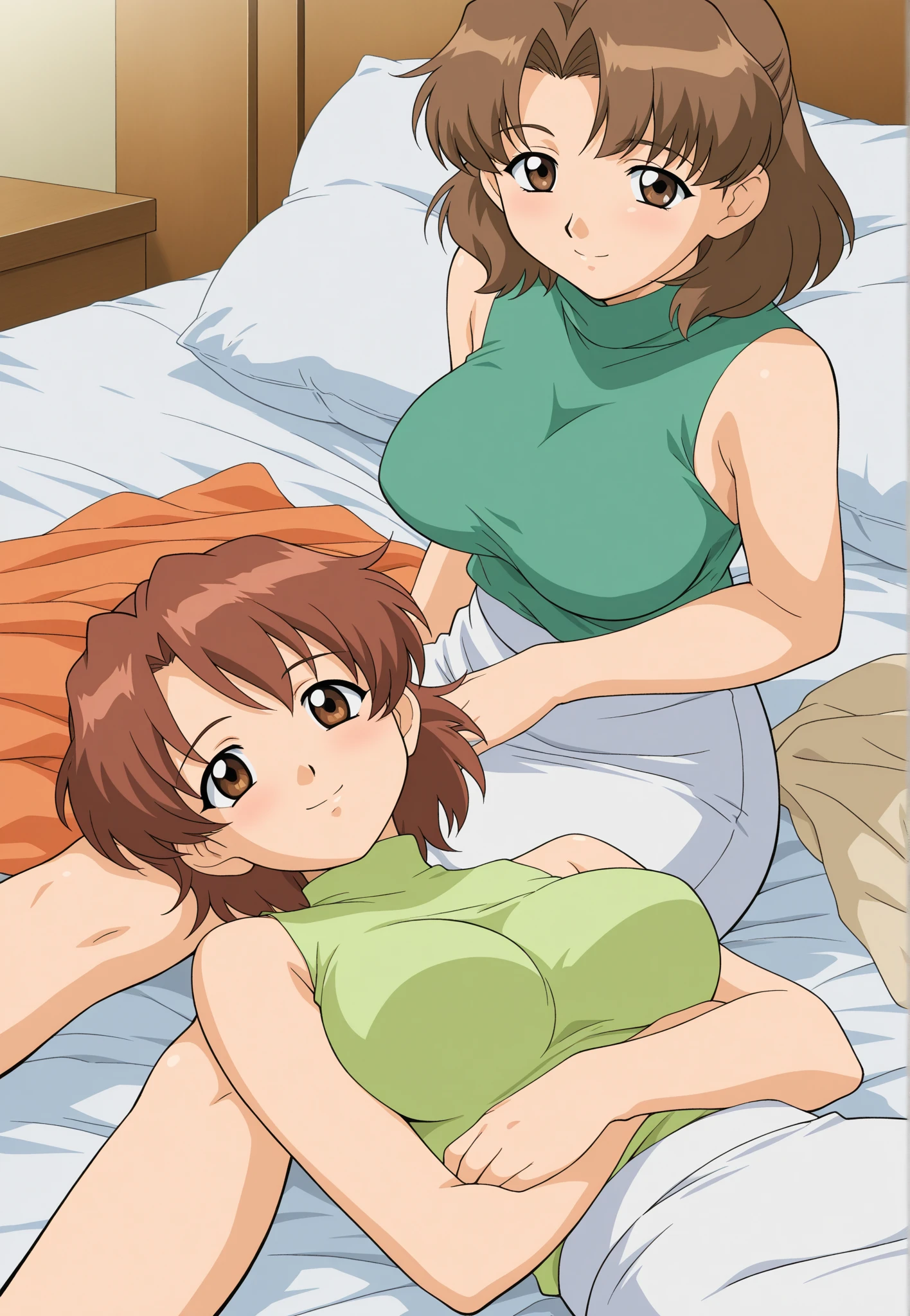 (masterpiece、high quality、16k anime quality、Anime Style、Retro Art Style、Beautiful brush strokes、Very detailed、Perfect Anatomy、NSFW)、One Girl、alone、(Shiraishi Manatsu、Completely naked)、Brown skin、(Beautiful eye details)、blue eyes、(Brown Hair、short hair、ponytail、Parted bangs、Hair blowing in the wind)、Pink Lips、smile、Cowboy Shots、clavicle、(Big Breasts: 1.5、Realistic nipples、Realistic areola)、(Hard chest、Beautiful breasts)、Narrow waist: 0.4、Wide Hips 1.1、(Open and show、(Realistic pussy、Secondary skin、clitoris、Urethra、Vaginal vestibular、Open vaginal opening、The posterior labia intersect)、Ultra-detailed、Beautiful labia majora)、(Realistic anus、In detail)、(Sleep on your back、Spread your legs)、Gazing at the viewer、(Bedroom Background、On the bed)、(Front view、Focus on the crotch)