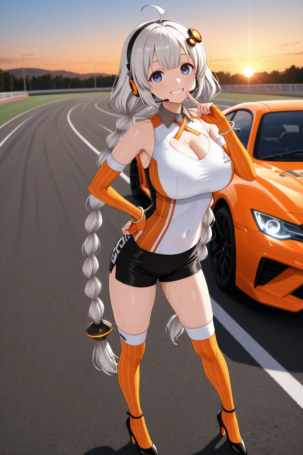 A woman wearing a gray race queen uniform with white details, long gray socks, white heels, big breasts, long silver hair, loose hair, orange gloves, orange sports hat, red eyes, smiling, walking on a race track, a gray car running behind, dark blue sunset sky, full body, illuminated place.,bokeh effect, atmospheric perspective, 8k , super detail, accurate, best quality, award winning, textured skin, high resolution, anatomically correct(solo woman)
