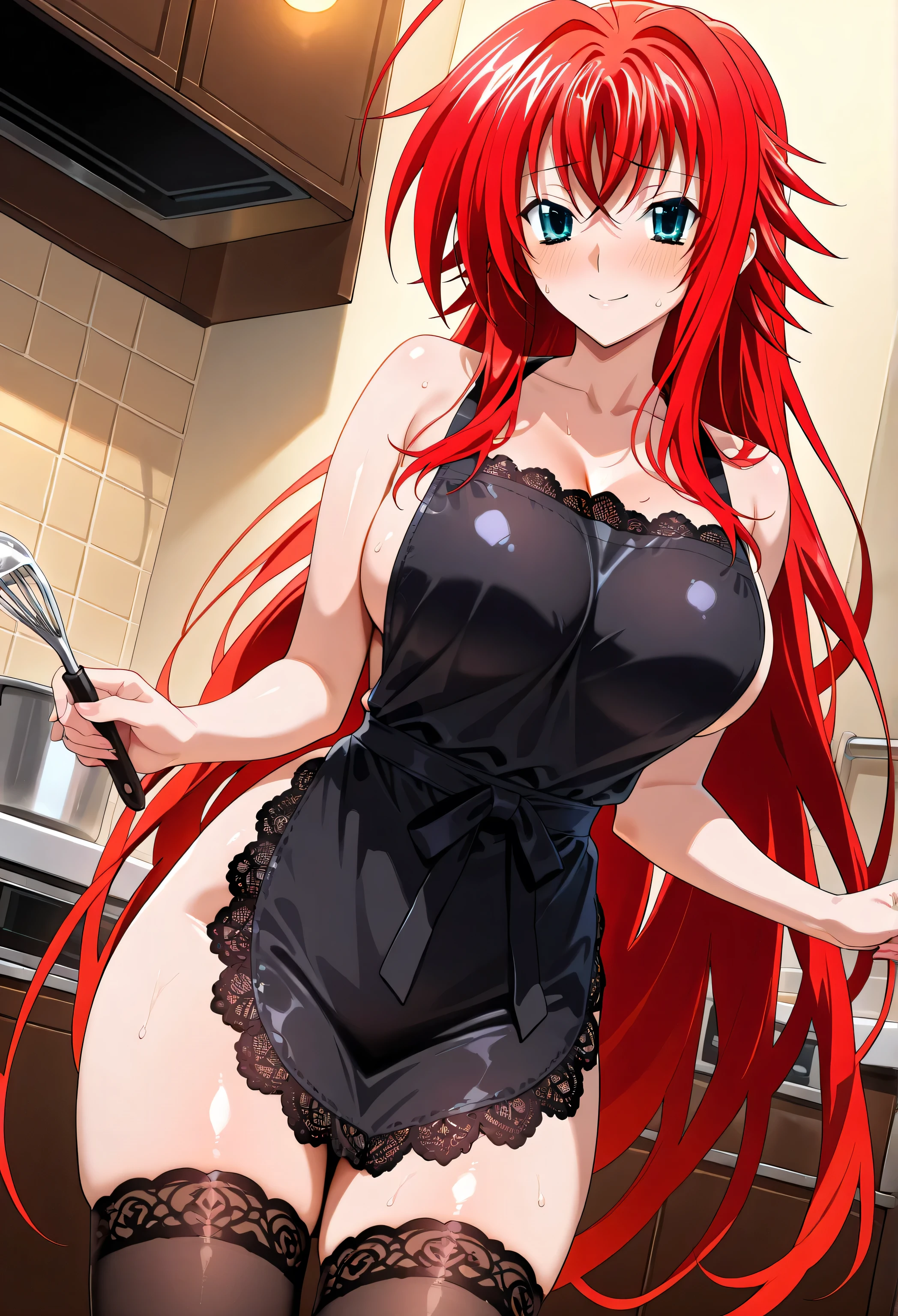 ((best quality)), bokeh BREAK (((1girl, rias gremory))), ((long hair, red hair, ahoge)), ((blue eyes)), ((smiling, blushing)), ((large breasts, beautiful breasts shape)), ((wide hips, thighs)), BREAK ((standing in the kitchen)), BREAK ((apron,naked apron)),