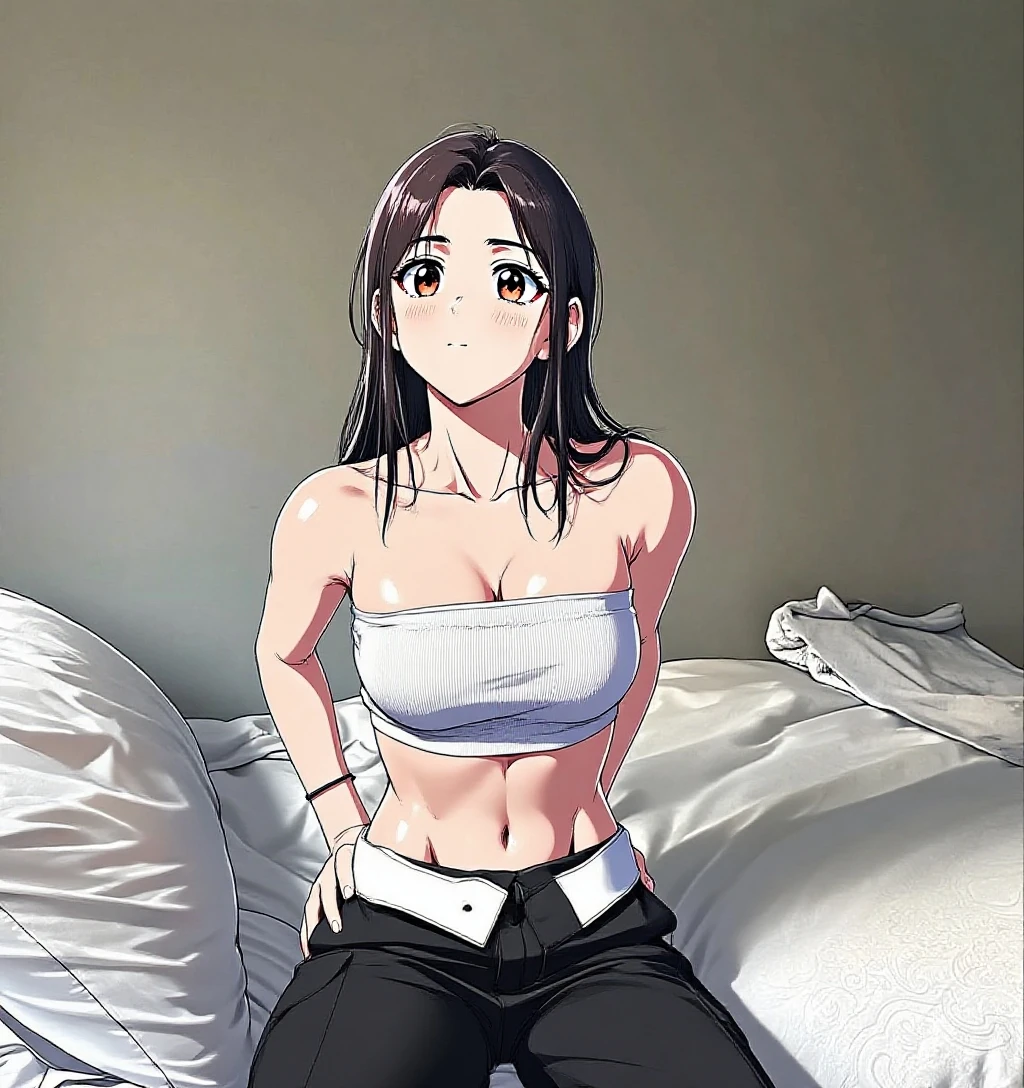 ((best quality)), ((masterpiece)), (detailed), perfect face, brown skin anime girl in a deep V Neck crossover cami top, (jeans trousers), famished in hunger, (gently resting hands on stomach), (long hair), (hands on her stomach)